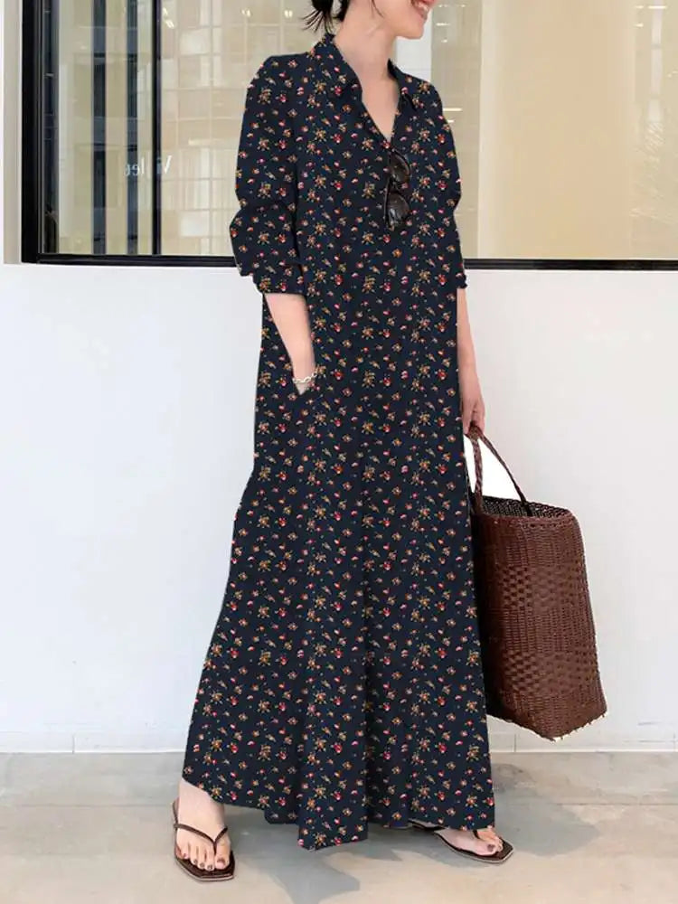 Bohemian Women Sundress Autumn Vintage Long Dress 2023 ZANZEA Lapel Floral Printed Long Sleeve Shirt Vestidos Robe Retro Kaftan