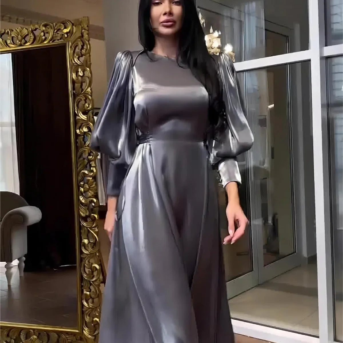 2025 Evening Women Satin Long Dress Black Lantern Sleeve Sexy Elegant Dresses Female New Fashion Casual Party Vestidos Clothes