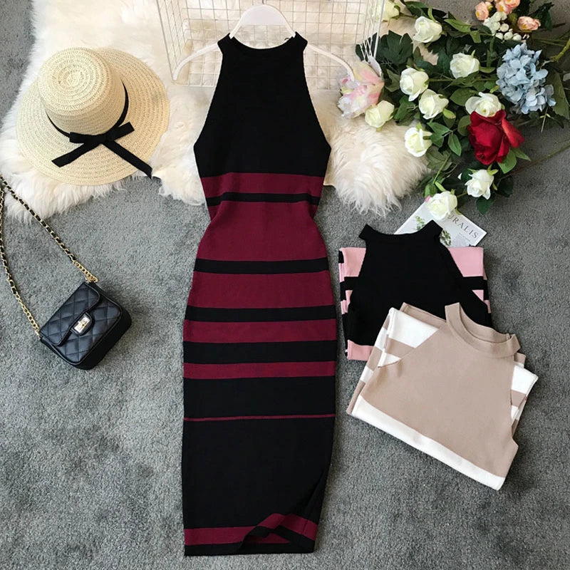 2024 summer women's hanging neck knit long dress round neck stripes hit color waist slim slim ming knit long dress office lady
