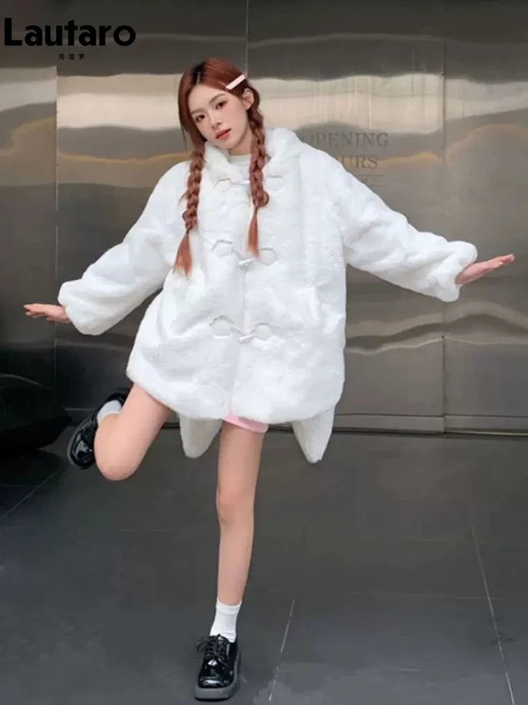Lautaro Winter Oversized Warm White Faux Fur Coat Women ith Bunny Ears Kawaii Sweet Cute Japanese Style Fluffy Jacket Hoodie