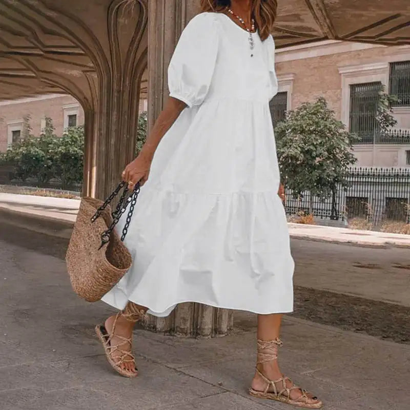 Vintage Loose Maxi Long Dress Summer Women O-Neck Half Lantern Sleeve Boho Party Beachwear Dresses ZYYX-1182