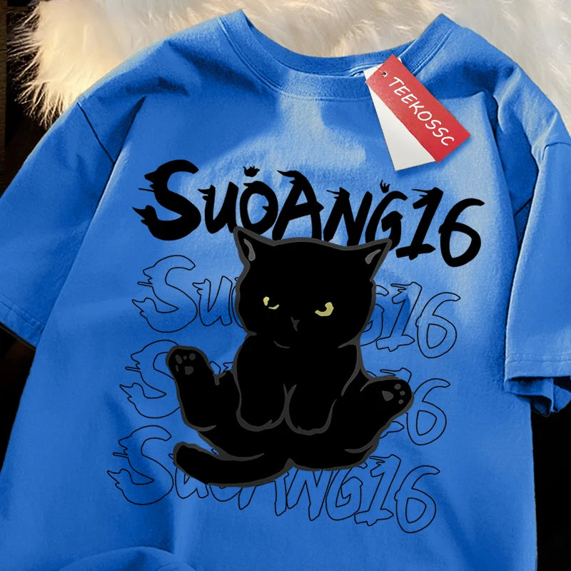 Fun Black Cat Print Japanese Style Men Women T-Shirt Fashion Clothing Cotton Tops Fashion Summer Tee Clothes Oversized Tshirt
