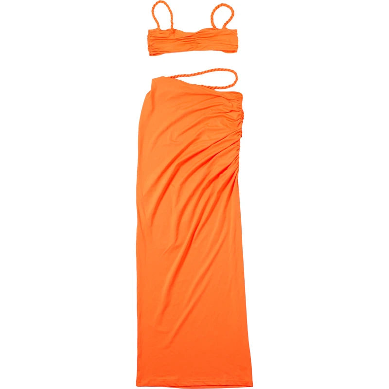 2025 Latest Women's 2-piece Sexiness Pretend Wrinkle Open Umbilical Tank Top+Shirt High Waist Long Dress Solid Color Set