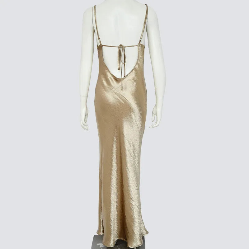 Sexy Spaghetti Strap Backless Summer Dress Women Gold Satin Lace Up Long Dress Elegant Bodycon Party Club Dresses 2024 New