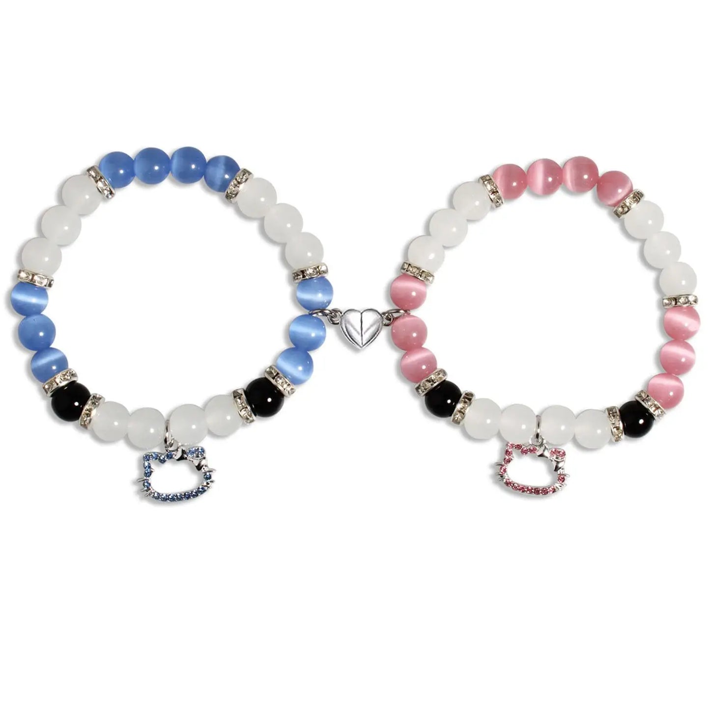 New 2Pcs/Set Crystal Hello Cat Beaded Bracelets for Lovers Heart Magnetic Matching Couple Bracelets Girls Festival Jewelry Gifts