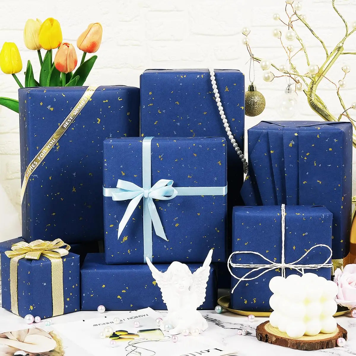 Gift Wrapping Paper Roll, 1 Roll 17inch x 120inch,Navy Blue Gold Foil Design for Holiday, Birthday, Wedding, Party