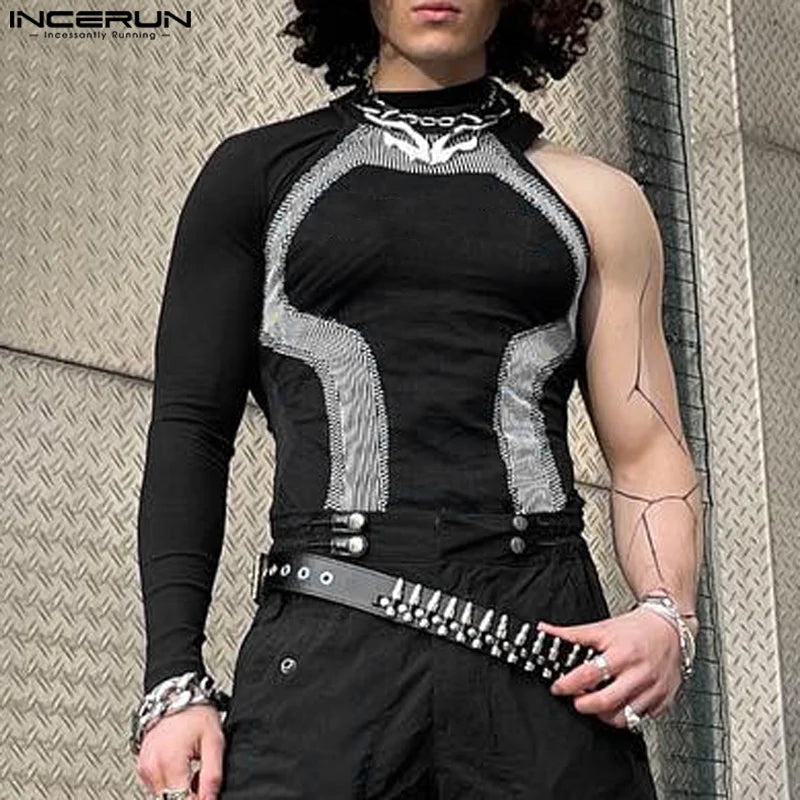 INCERUN Men Simple Camisetas Men Well Fitting Long Sleeved Handsome Knitted T-Shirts 2024 Casual Printing Stand Collar Male Tops