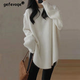 Women's Korean Fashion Simple Chic Oversized Knitted Sweater Solid O Neck Long Sleeve Pullover Tops Streetwear Irregular Jumpers