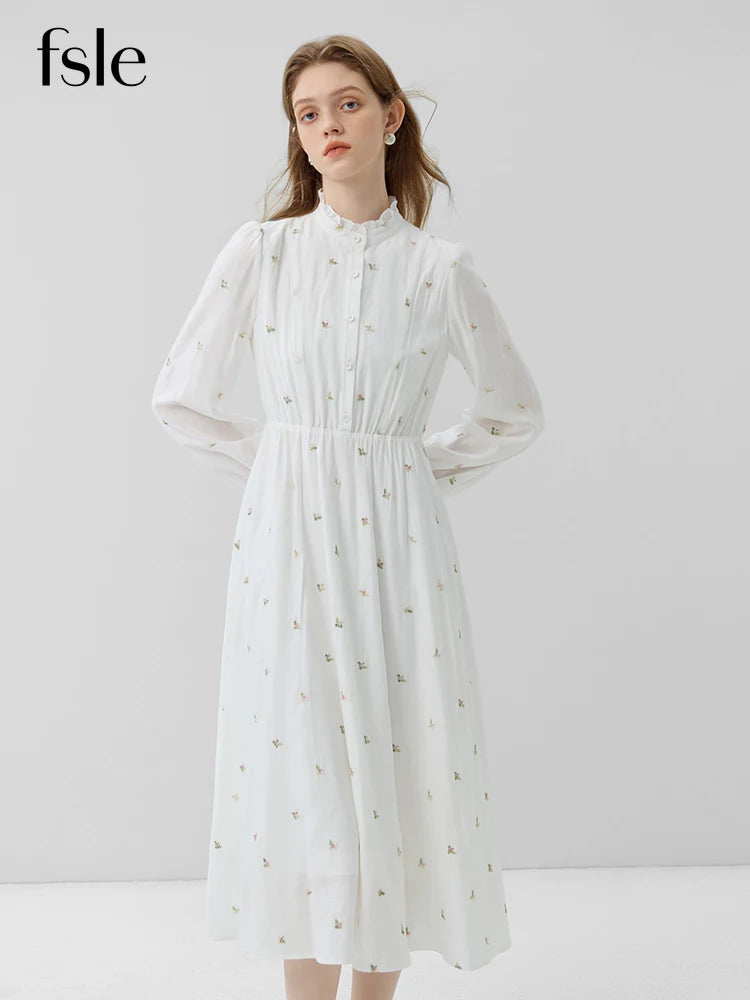FSLE Flower Dress Autumn 2023 New Sweet Exquisite Women's Long Dress White Women Casual Loose Full Sleeve Dress For Women