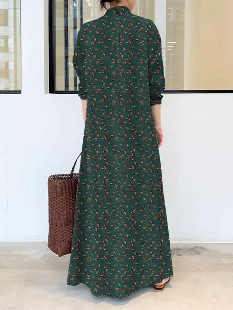 Bohemian Women Sundress Autumn Vintage Long Dress 2023 ZANZEA Lapel Floral Printed Long Sleeve Shirt Vestidos Robe Retro Kaftan