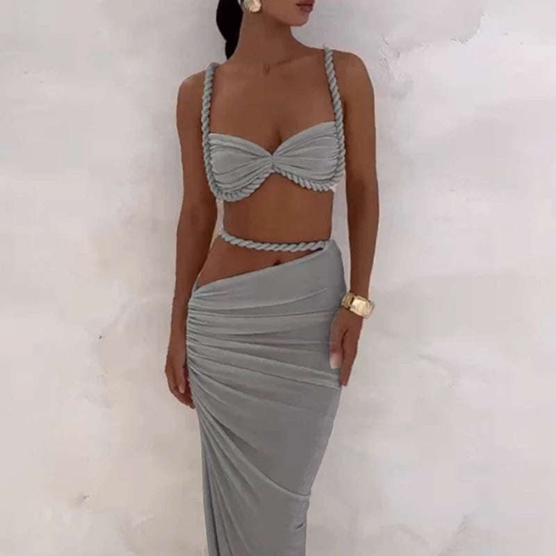 2025 Latest Women's 2-piece Sexiness Pretend Wrinkle Open Umbilical Tank Top+Shirt High Waist Long Dress Solid Color Set