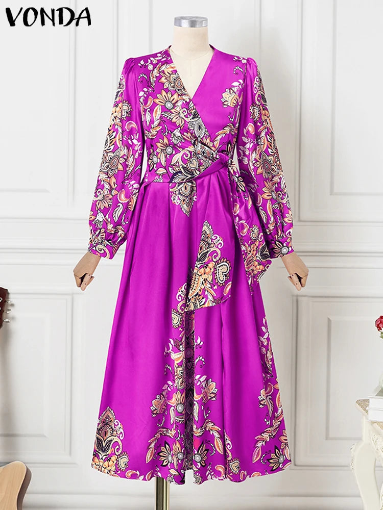 VONDA Women Satin Silk Dress 2024 Bohemian Printing Long Lantern Sleeve Vestidos Elegant Sundress Casual V-Neck Robe Oversized