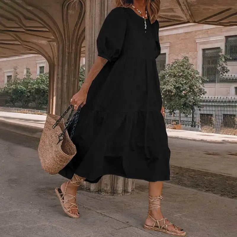 Vintage Loose Maxi Long Dress Summer Women O-Neck Half Lantern Sleeve Boho Party Beachwear Dresses ZYYX-1182