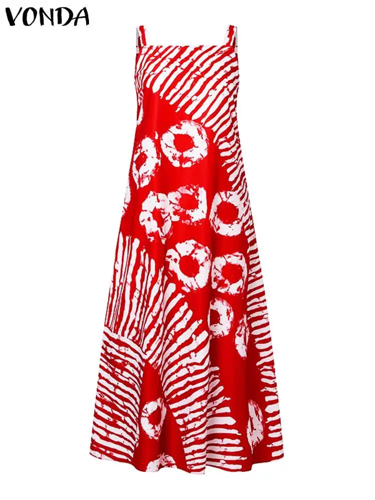 Maxi Long Dress Sexy Sleeveless Bohemian Printed Party Sundress 2024 VONDA Summer Tank Vestidos Beach Loose Casual Robe Oversize