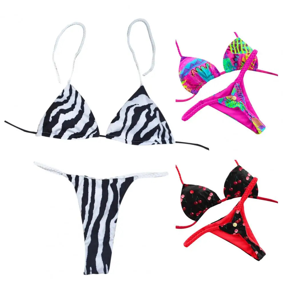 2Pcs/Set Women Bikini Set Halter Lace-Up Sleeveless Bra Braided Rope Swimming Briefs Set Sexy Quick Drying Beachwear