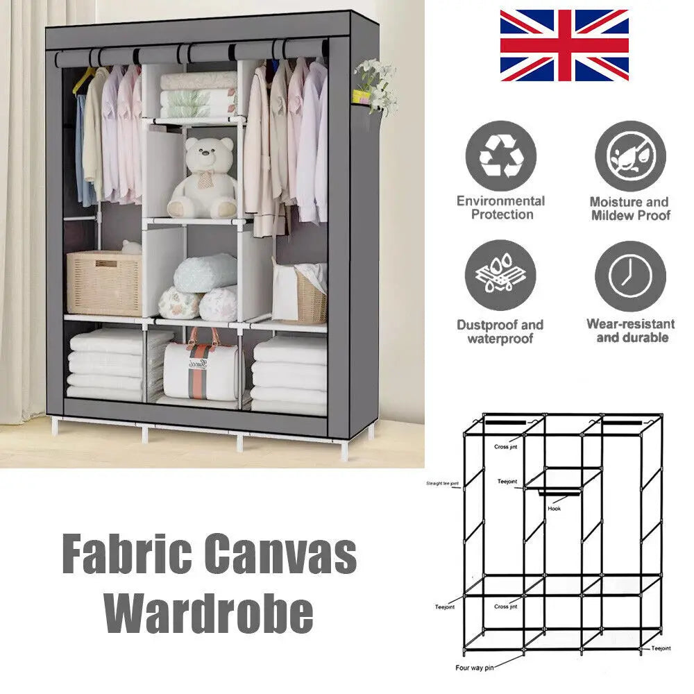 Portable Large Fabric Canvas Wardrobe Canvas Wardrobe With Hanging Rail Sheing Fabric Cloth Cupboard
