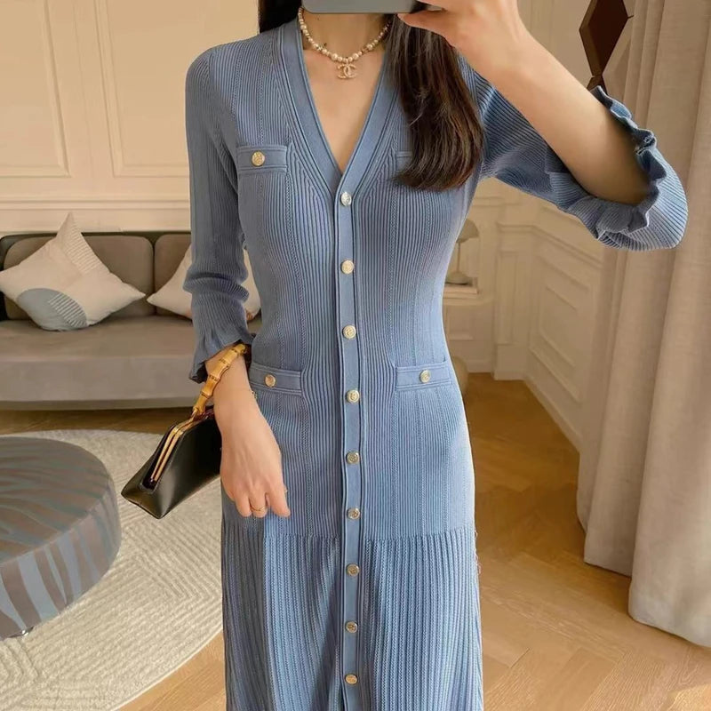 2025 New Blue Slim Knitted Long Dress Women's Round Neck Midi Sleeve Fashion Pleated Ruffled Hem Temperament Luxury Party Robe