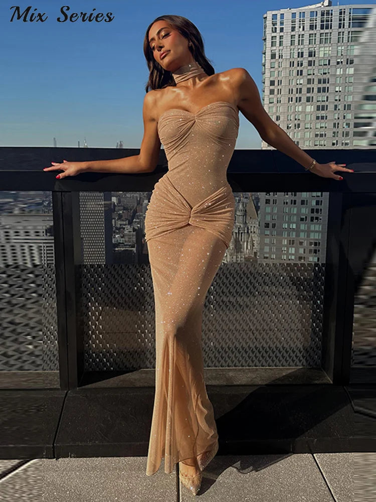 Sexy Shiny Sequins Strapless Long Dress Women See Through Pleated Backless Dresses 2024 Summer New Ladies Party Club Vestidos