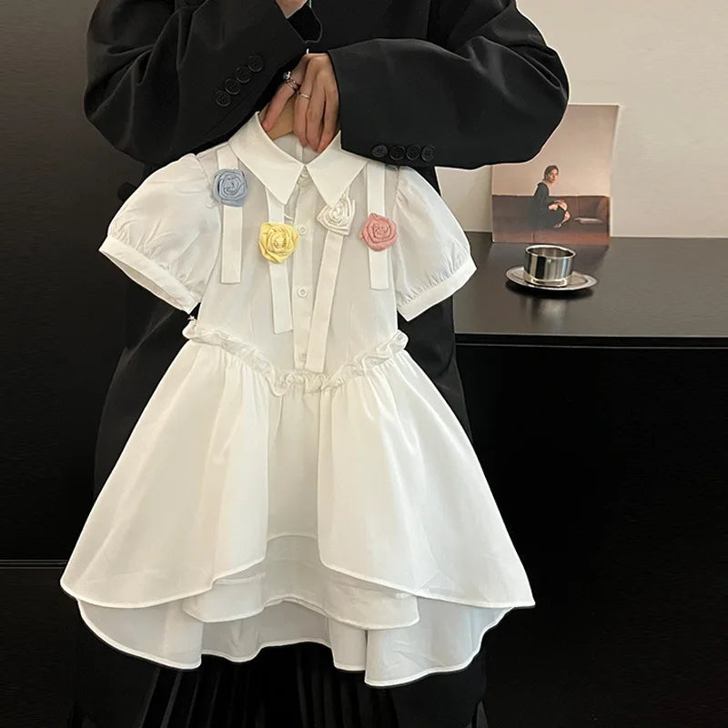 Girls Casual Dresses Floral White Puffy Sleeve Dress Flower Girl Clothes Kids Fairy Dress Summer Clothes for 2 To 7 Years