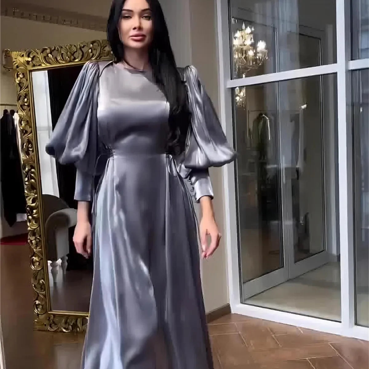 2025 Evening Women Satin Long Dress Black Lantern Sleeve Sexy Elegant Dresses Female New Fashion Casual Party Vestidos Clothes