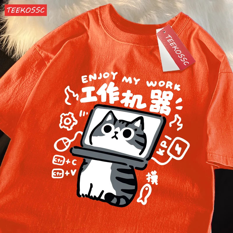 American Short Cat Numb Funny Short Sleeved t-shirt For Women In 2024 Summer New Casual Loose Oversized Cotton Top Tees