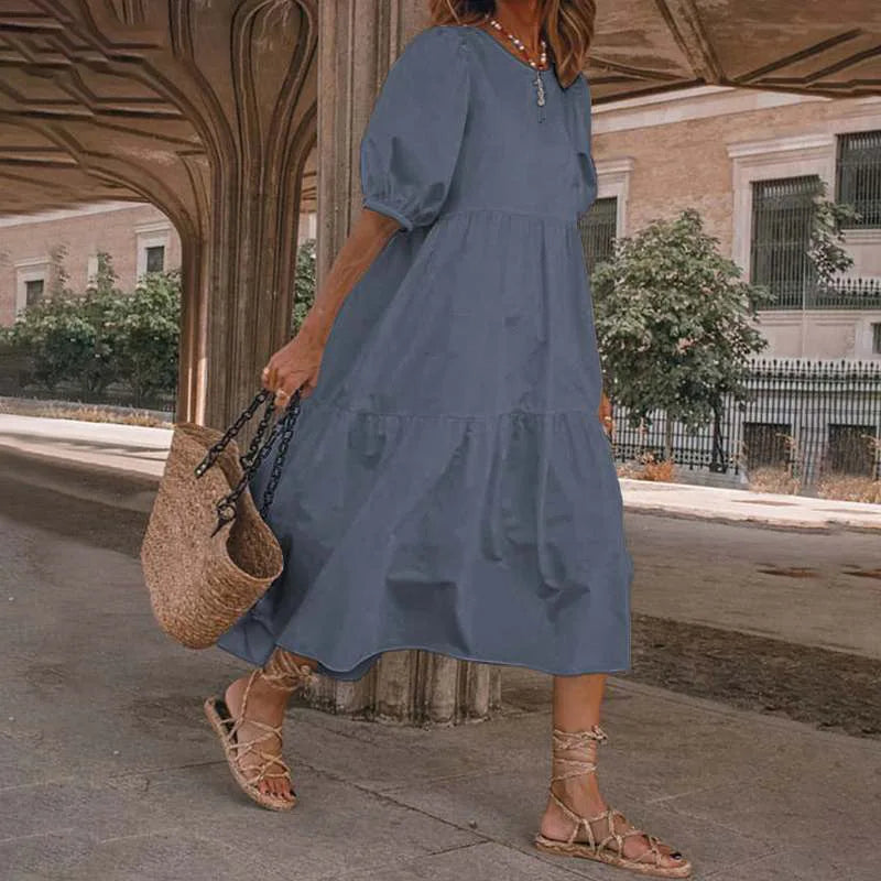 Vintage Loose Maxi Long Dress Summer Women O-Neck Half Lantern Sleeve Boho Party Beachwear Dresses ZYYX-1182