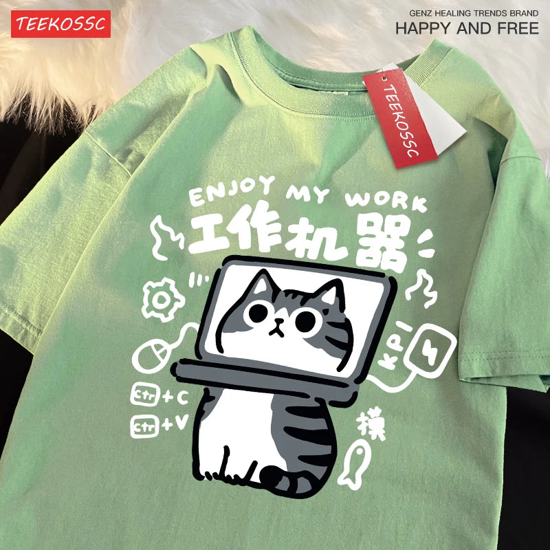 American Short Cat Numb Funny Short Sleeved t-shirt For Women In 2024 Summer New Casual Loose Oversized Cotton Top Tees