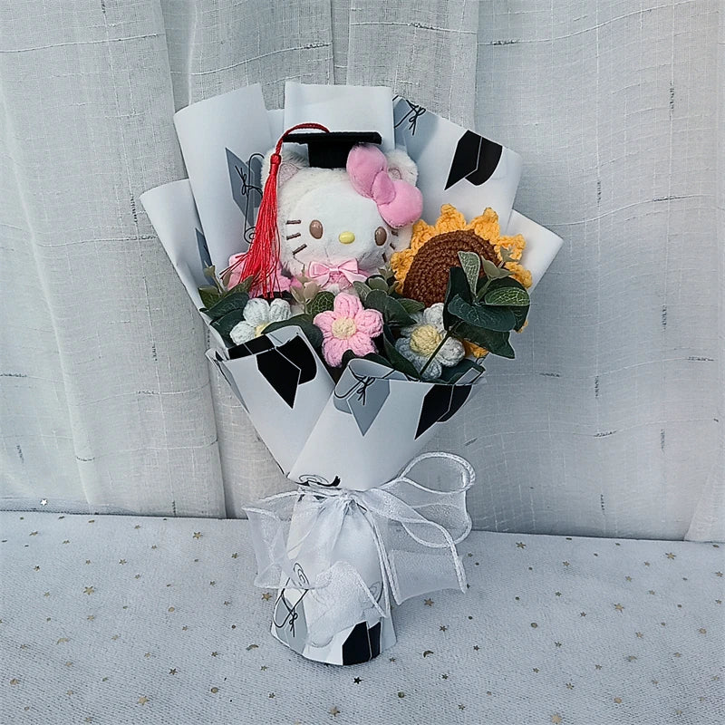 Graduation Gifts Sanrio Kuromi Hello Kitty With Crochet Sunflower Bouquet My Melody Cinnamoroll Mother's Day Birthday Gifts