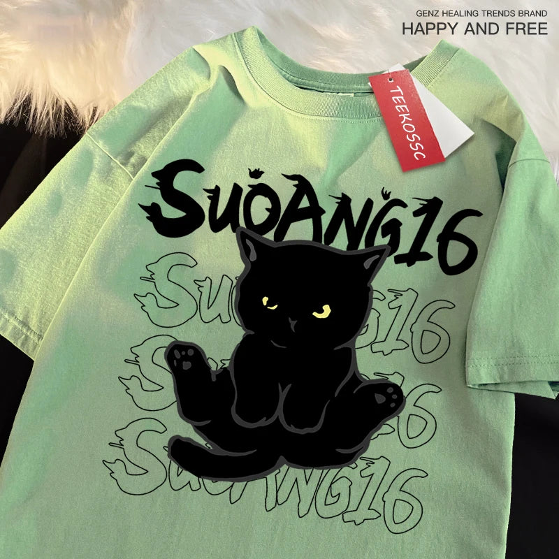 Fun Black Cat Print Japanese Style Men Women T-Shirt Fashion Clothing Cotton Tops Fashion Summer Tee Clothes Oversized Tshirt