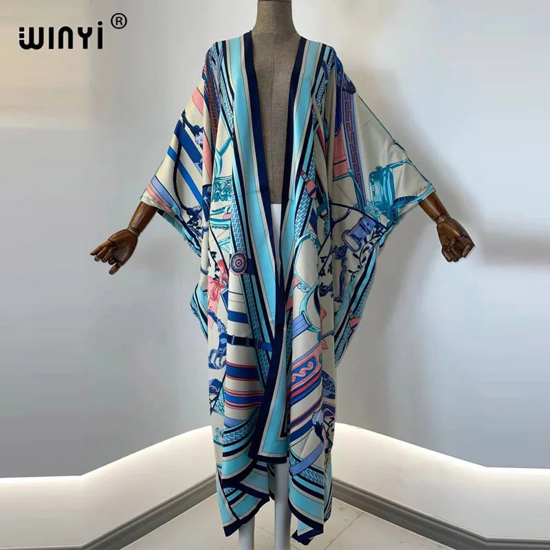 2021 WINYI new Cotton Bikini Sweet Lady Pink Boho Print Self Belted Front Open Long Kimono Dress Beach Tunic Women Wrap Dresses