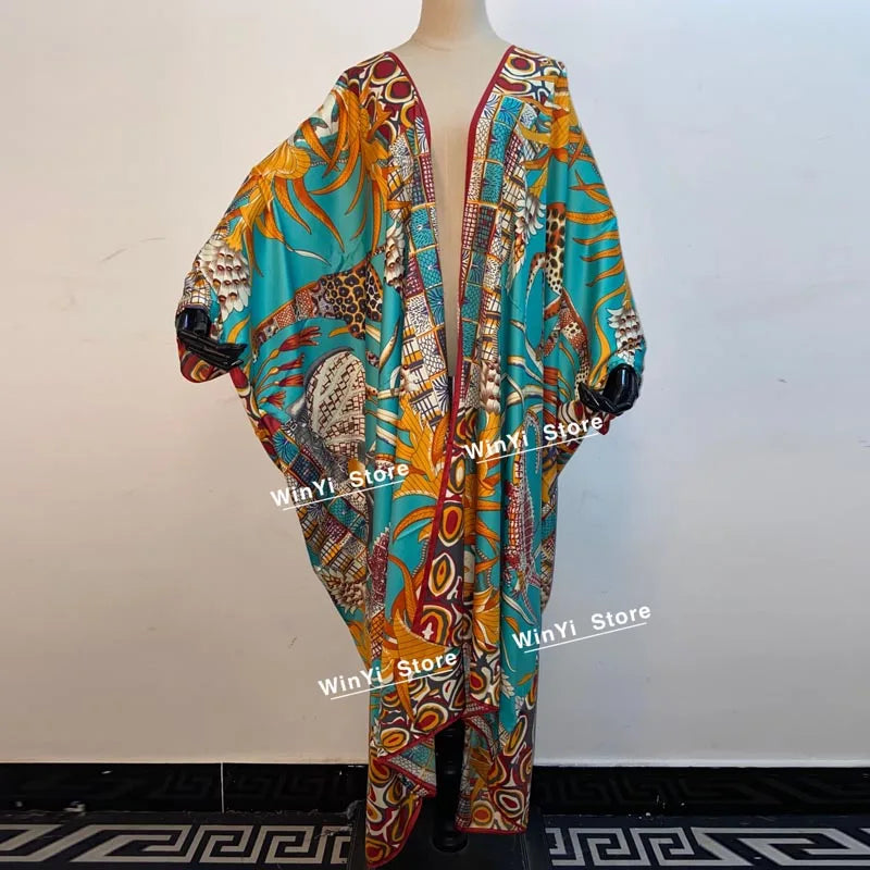 2021 WINYI new Cotton Bikini Sweet Lady Pink Boho Print Self Belted Front Open Long Kimono Dress Beach Tunic Women Wrap Dresses