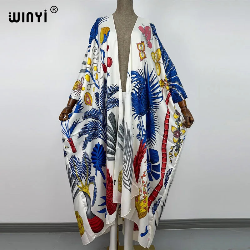 2021 WINYI new Cotton Bikini Sweet Lady Pink Boho Print Self Belted Front Open Long Kimono Dress Beach Tunic Women Wrap Dresses