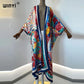 2021 WINYI new Cotton Bikini Sweet Lady Pink Boho Print Self Belted Front Open Long Kimono Dress Beach Tunic Women Wrap Dresses