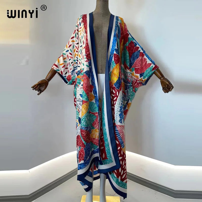 2021 WINYI new Cotton Bikini Sweet Lady Pink Boho Print Self Belted Front Open Long Kimono Dress Beach Tunic Women Wrap Dresses
