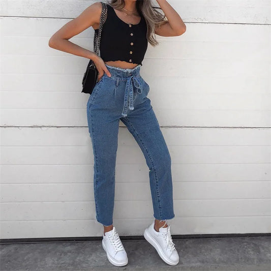 Spring Jeans mom High-waisted Sexy Jeans with tassels Belt Bandage Skinny Push Up Jeans Woman Black Blue Jeans Female