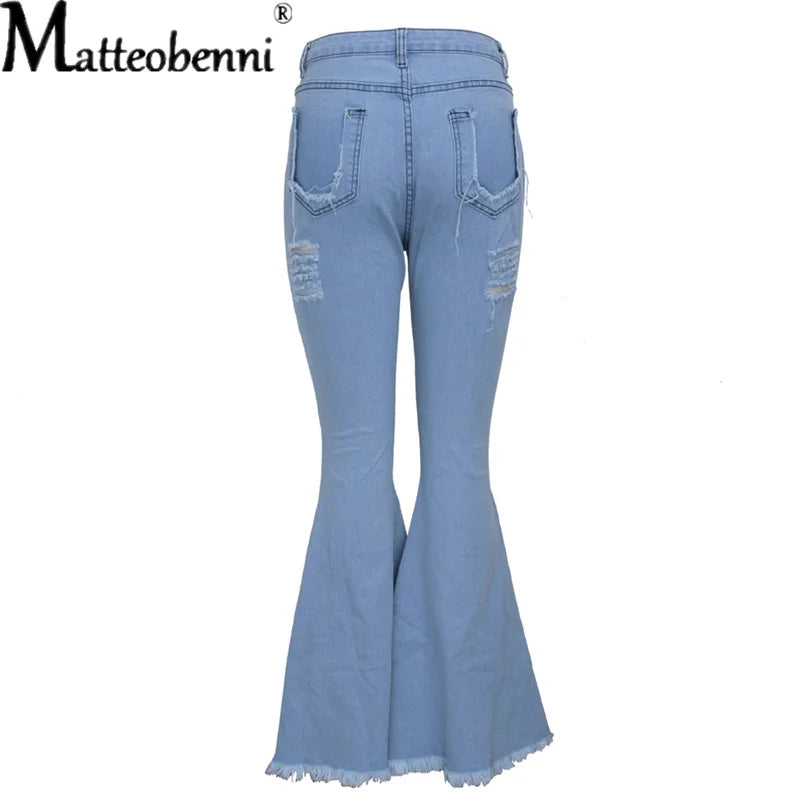 2021 Ripped Jeans For Women High Waist Elasticity Jeans Fashion Flare Jeans With Holes Vintage Bell Bottom Jeans Womens Clothing