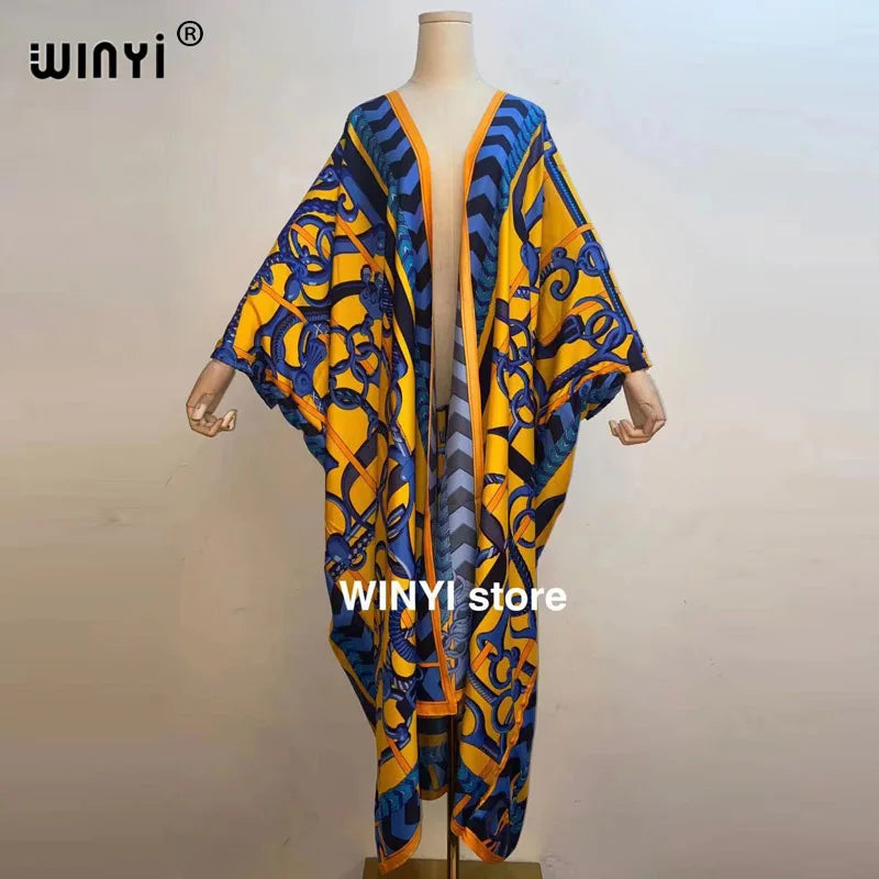 2021 WINYI new Cotton Bikini Sweet Lady Pink Boho Print Self Belted Front Open Long Kimono Dress Beach Tunic Women Wrap Dresses