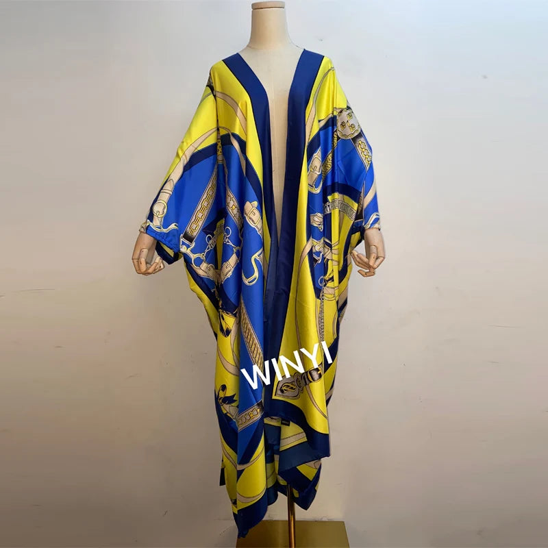 2021 WINYI new Cotton Bikini Sweet Lady Pink Boho Print Self Belted Front Open Long Kimono Dress Beach Tunic Women Wrap Dresses