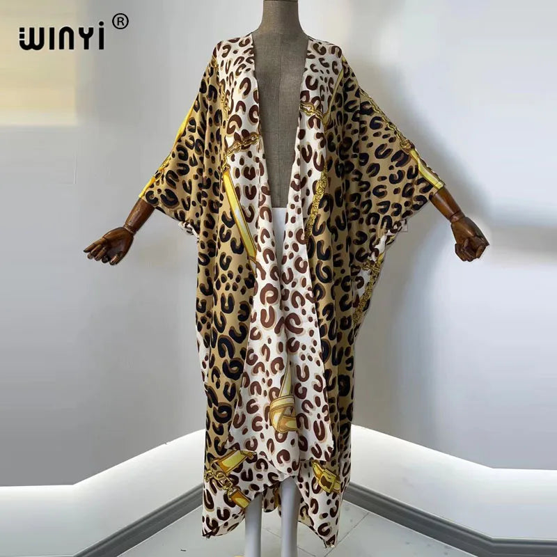2021 WINYI new Cotton Bikini Sweet Lady Pink Boho Print Self Belted Front Open Long Kimono Dress Beach Tunic Women Wrap Dresses