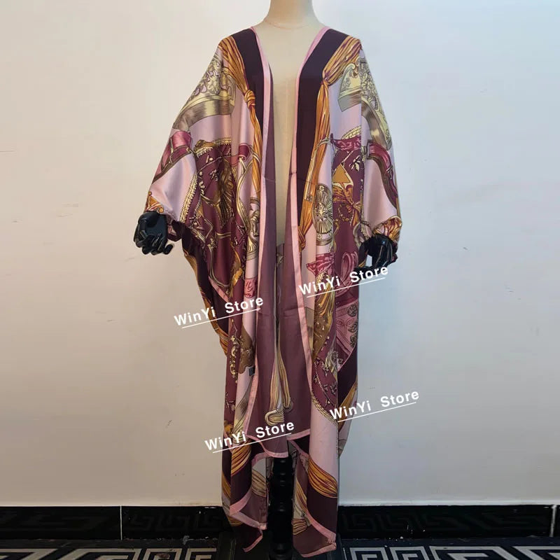 2021 WINYI new Cotton Bikini Sweet Lady Pink Boho Print Self Belted Front Open Long Kimono Dress Beach Tunic Women Wrap Dresses