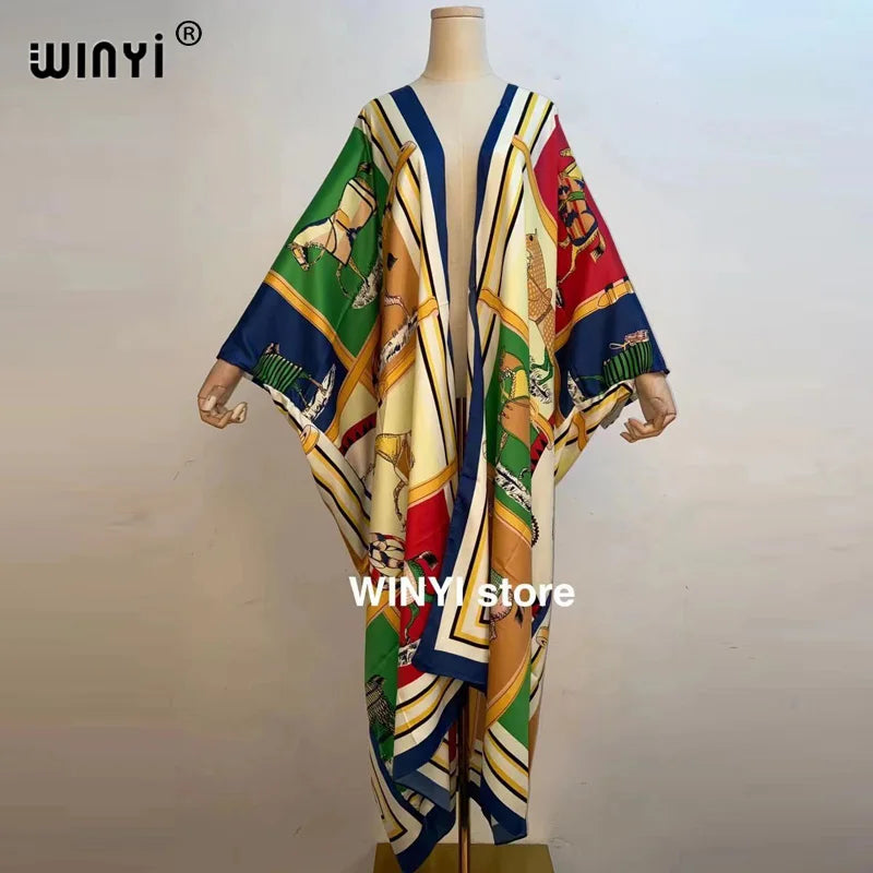2021 WINYI new Cotton Bikini Sweet Lady Pink Boho Print Self Belted Front Open Long Kimono Dress Beach Tunic Women Wrap Dresses