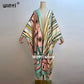 2021 WINYI new Cotton Bikini Sweet Lady Pink Boho Print Self Belted Front Open Long Kimono Dress Beach Tunic Women Wrap Dresses