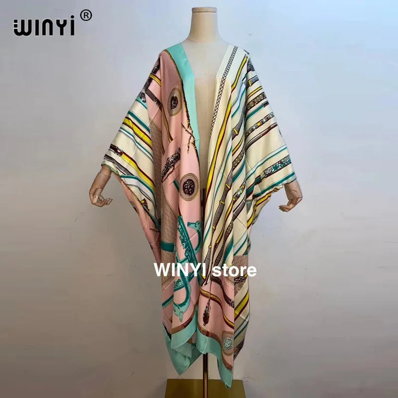 2021 WINYI new Cotton Bikini Sweet Lady Pink Boho Print Self Belted Front Open Long Kimono Dress Beach Tunic Women Wrap Dresses