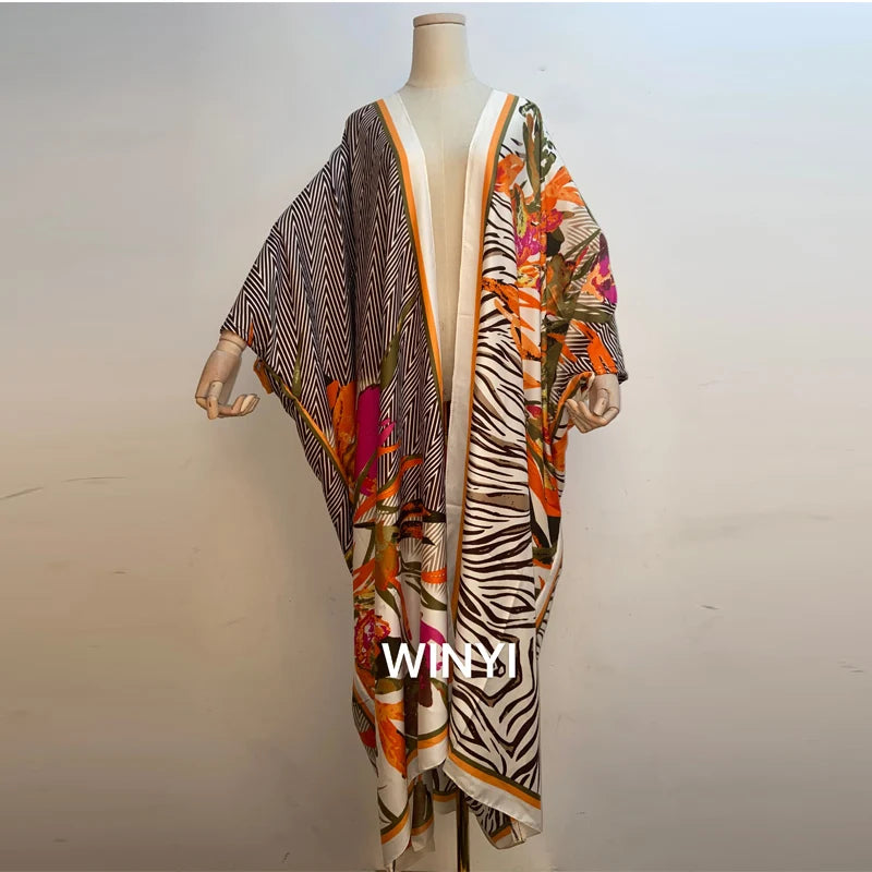 2021 WINYI new Cotton Bikini Sweet Lady Pink Boho Print Self Belted Front Open Long Kimono Dress Beach Tunic Women Wrap Dresses