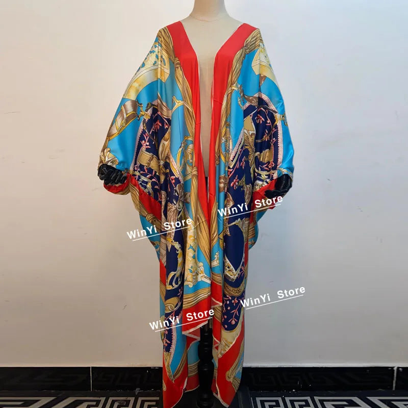 2021 WINYI new Cotton Bikini Sweet Lady Pink Boho Print Self Belted Front Open Long Kimono Dress Beach Tunic Women Wrap Dresses