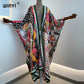 2021 WINYI new Cotton Bikini Sweet Lady Pink Boho Print Self Belted Front Open Long Kimono Dress Beach Tunic Women Wrap Dresses