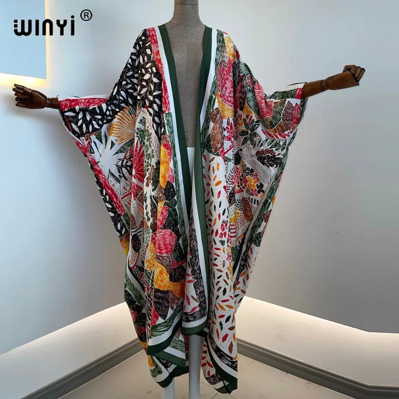 2021 WINYI new Cotton Bikini Sweet Lady Pink Boho Print Self Belted Front Open Long Kimono Dress Beach Tunic Women Wrap Dresses
