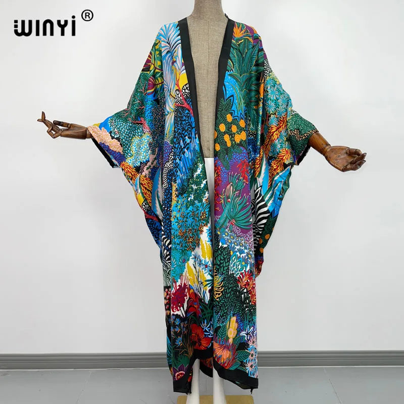 2021 WINYI new Cotton Bikini Sweet Lady Pink Boho Print Self Belted Front Open Long Kimono Dress Beach Tunic Women Wrap Dresses