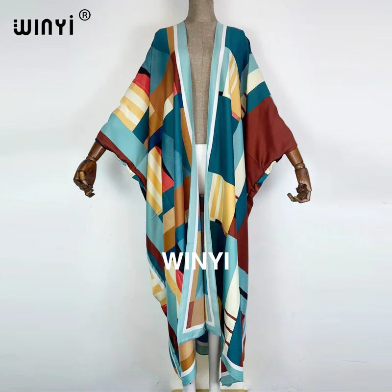 2021 WINYI new Cotton Bikini Sweet Lady Pink Boho Print Self Belted Front Open Long Kimono Dress Beach Tunic Women Wrap Dresses