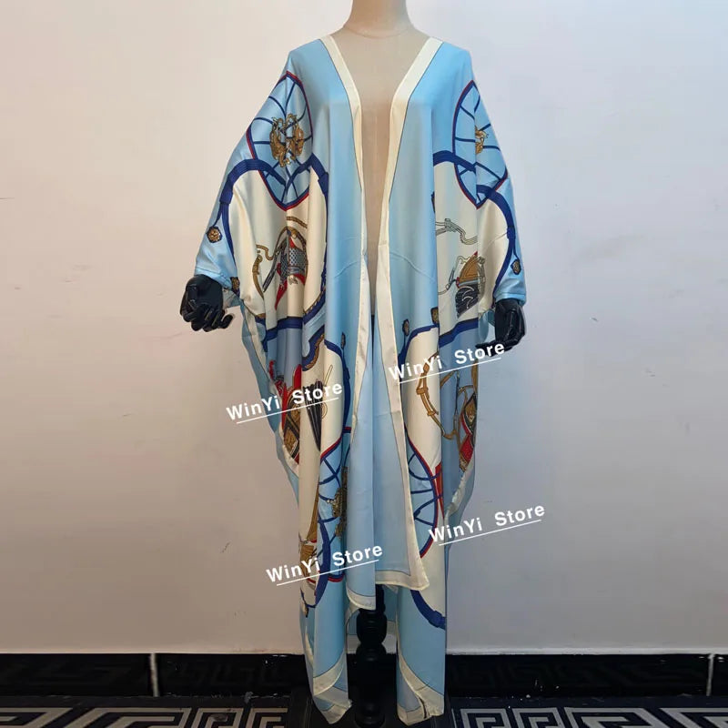 2021 WINYI new Cotton Bikini Sweet Lady Pink Boho Print Self Belted Front Open Long Kimono Dress Beach Tunic Women Wrap Dresses